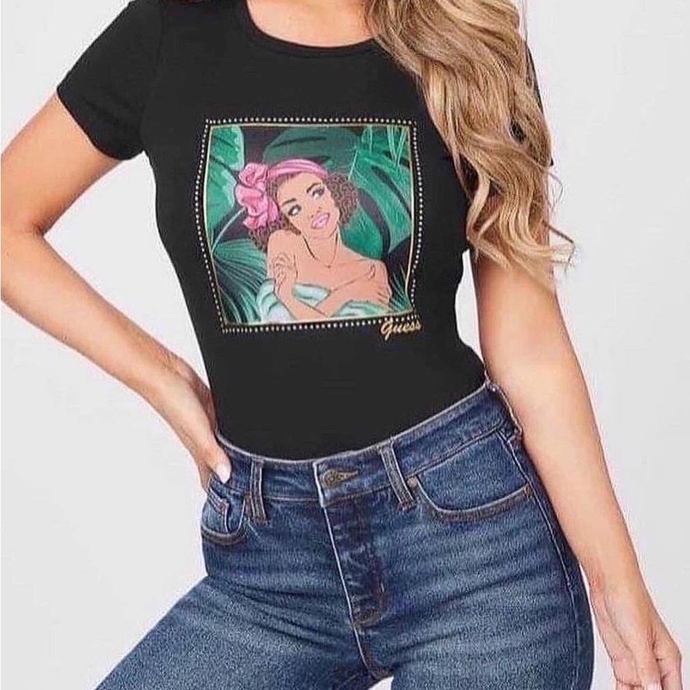 Guess Black T-Shirt with Gold Sequins, Rhinestones & Palm Leaves | Size XS